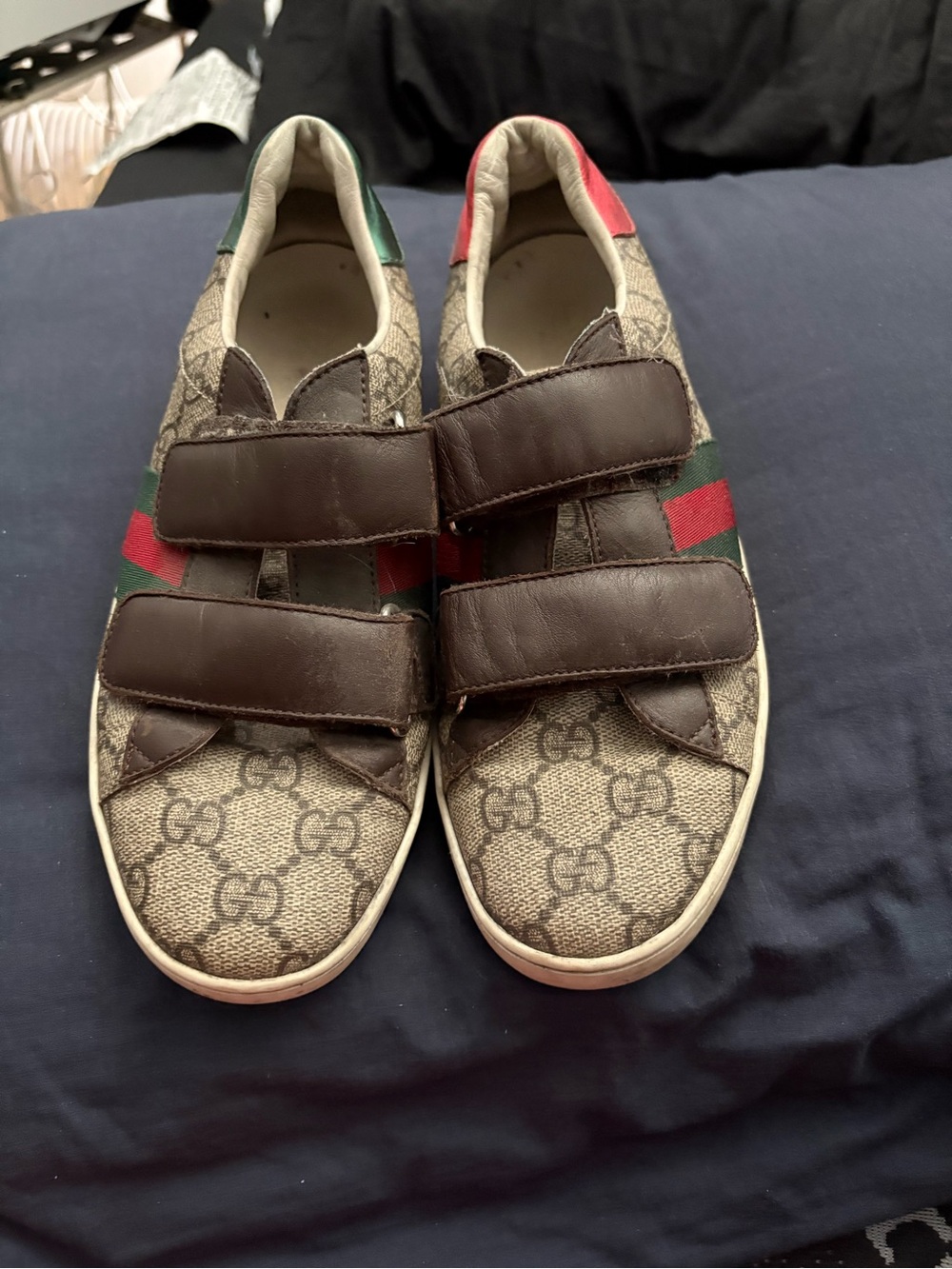 Gucci Kids GG Monogram Velcro Sneakers in Brown with Green and Red Accents